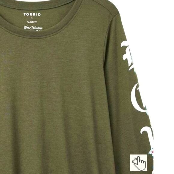 NEW TORRID Plus Size olive greenβlove rose long sleeve crew neck top. - Picture 4 of 13